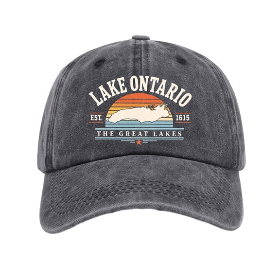 Ontario Lake Washed Cotton Baseball Caps for Men Women,3D Embroidery Breathable Retro Adjustable Dad Hats, Curved Brim Ball Caps for Daily Wear