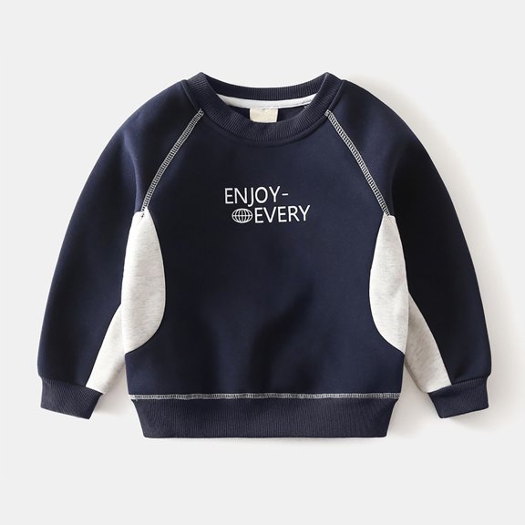 WhimsyBaby Boys' Relaxed-Fit Colour-Blocked Crewneck Sweatshirt with Letter Print Long-Sleeved Casual Pullover,90,Navy