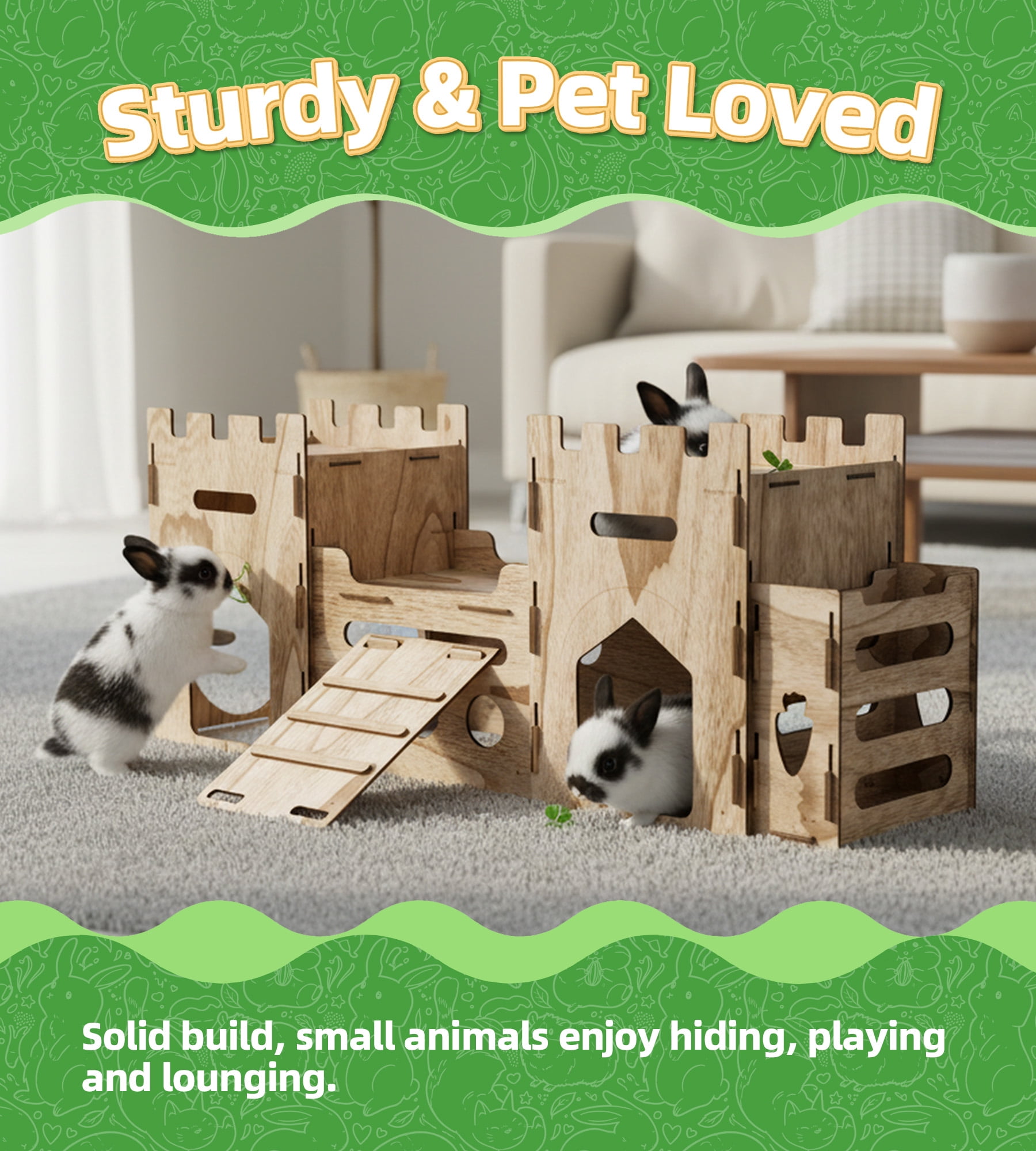 HIIMALEX Extra Large Bunny Castle with Hay Feeder Anti-slip Ramp Multistory Hideout House for Rabbit Guinea Pig Chinchilla Ferret (T1T)