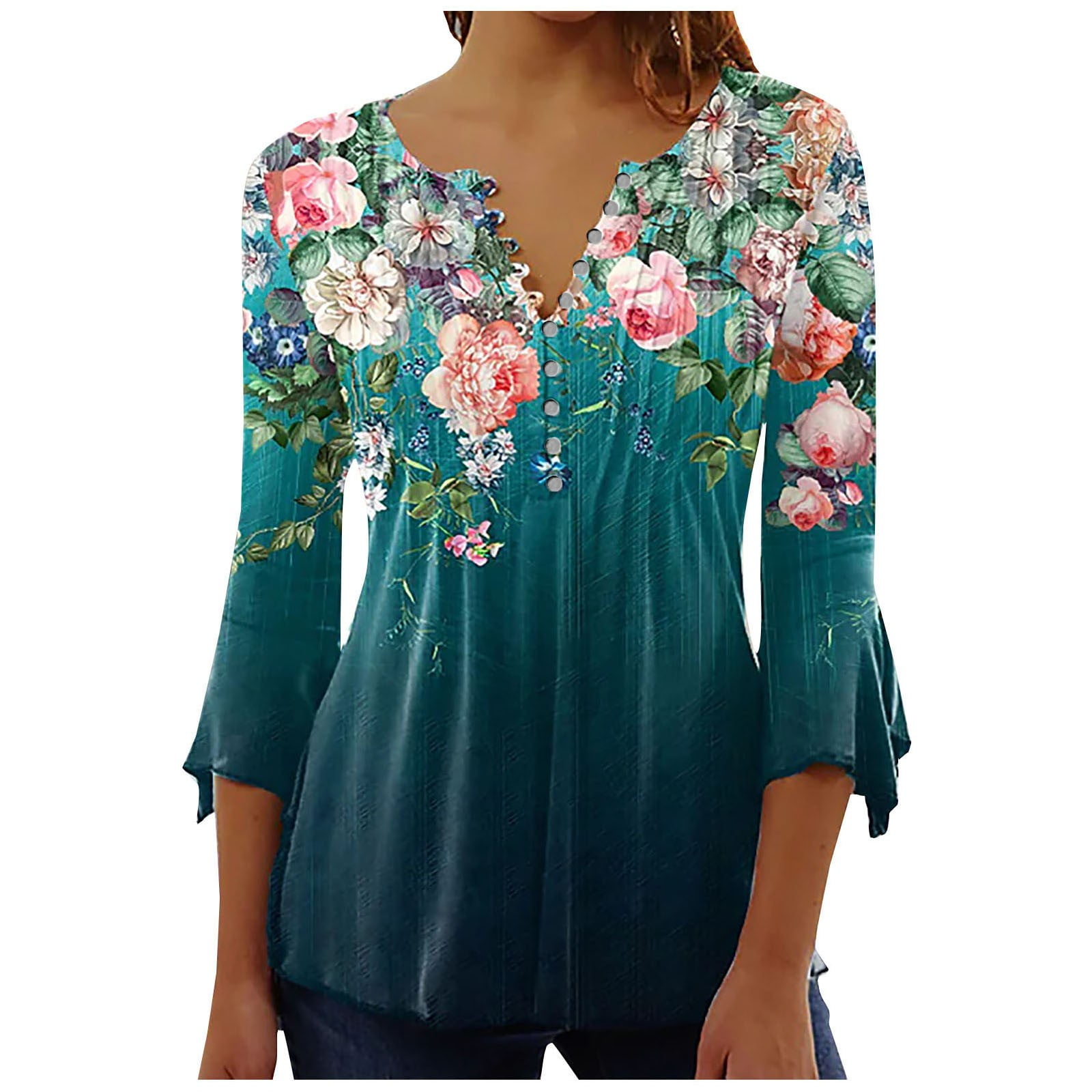 Ovticza Womens 3/4 Sleeve Tunic Tops Flare Elbow Floral Plus Size Boho  Shirts Button Down Pleated Boho Blouses and Tops Flowy Summer Wear Women  Tops