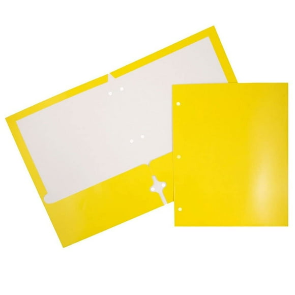 Jam Paper Carpetas Escolares Laminadas Con Dos Bolsillos, Brillantes, Perforadoras, 3 Agujeros, Tamaño Carta, Amarillo Brillante, Paquete De 6