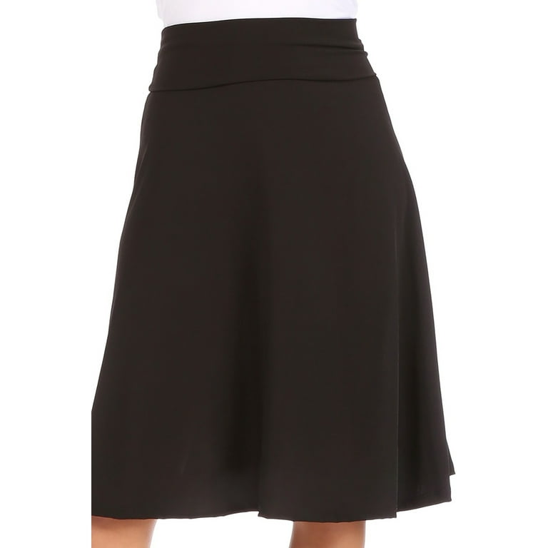 Women s Casual Solid Knee Length Flare A line Skirt with Elastic Waistband
