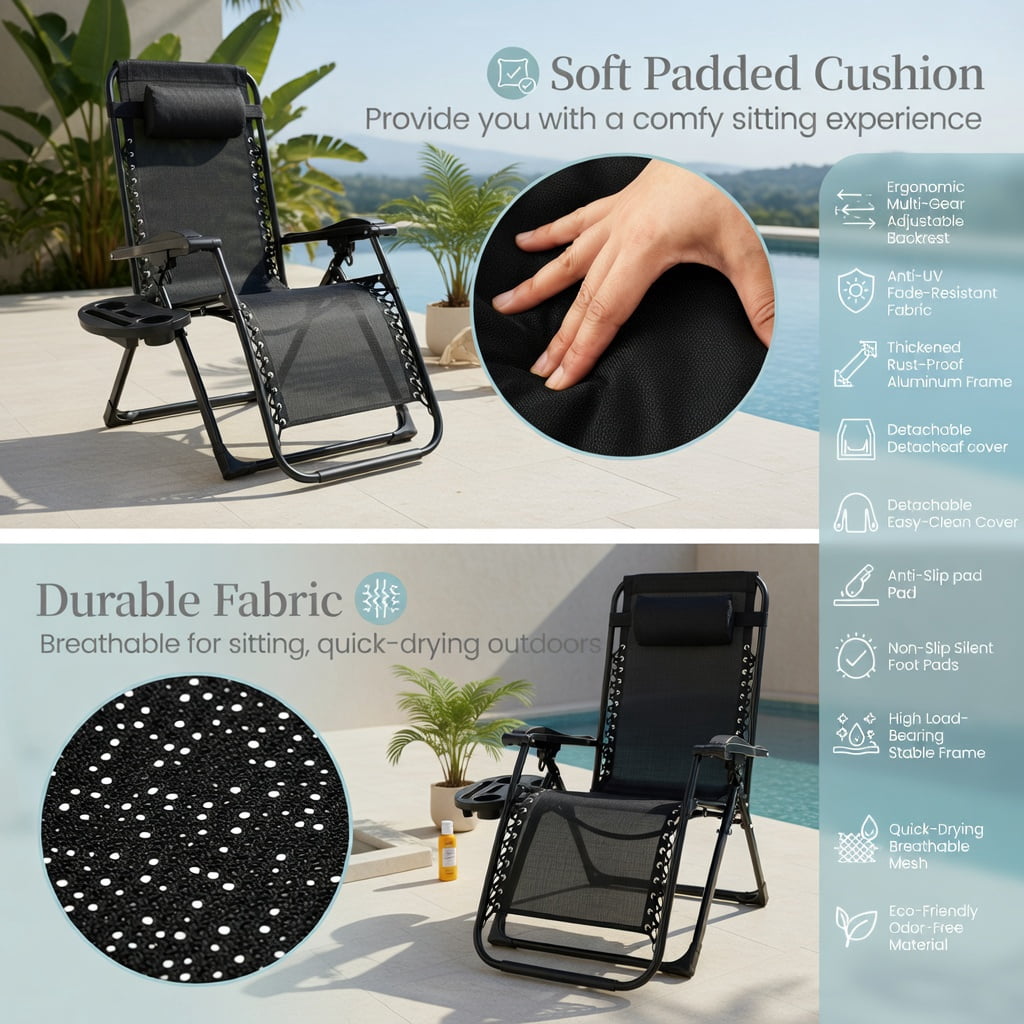 Hommoo Adjustable Zero Gravity Lounge Chair, Heavy-Duty Metal Frame, Removable Washable Cushion, Built-in Cup Holder Tray, Foldable for Indoor & Outdoor Use, Black