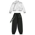 thumbnail image 3 of YONGHS Kids Girls Boys Shiny Hip Hop Jazz Street Dance Outfits Baseball Jacket and Cargo Pants Set Silver&Black 14, 3 of 7