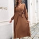 thumbnail image 2 of Vestido de mujer con manga farol, cintura alta, cinturón, plisado, con cuello en V, para invierno, otoño, señora, niñas, café L, 2 of 6