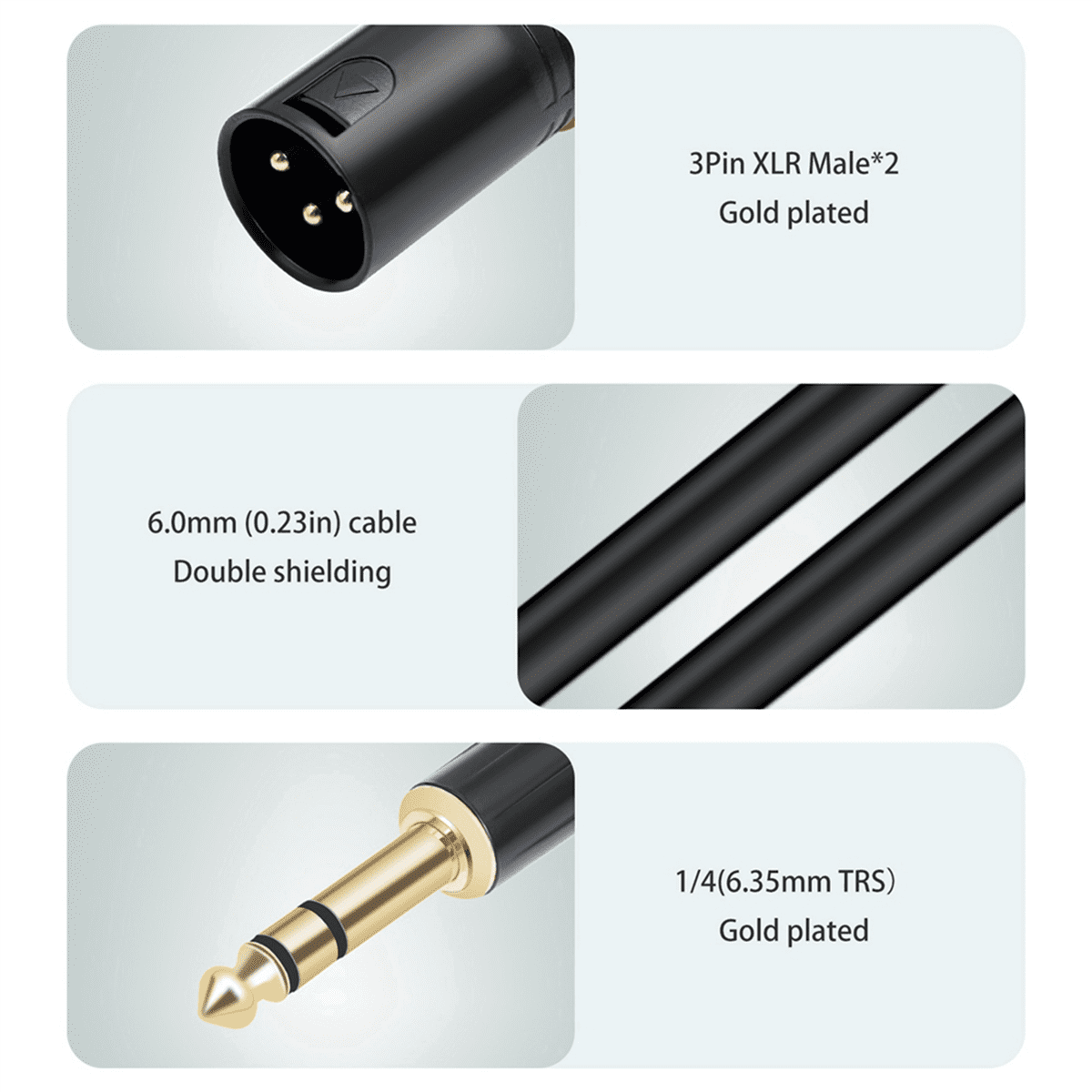 2X Jack 6.35mm 1/4 TRS Stereo to Double XLR Male Audio Cable Extension Cable Y Splitter Audio Cable 200cm,2x Audio Cable,Black