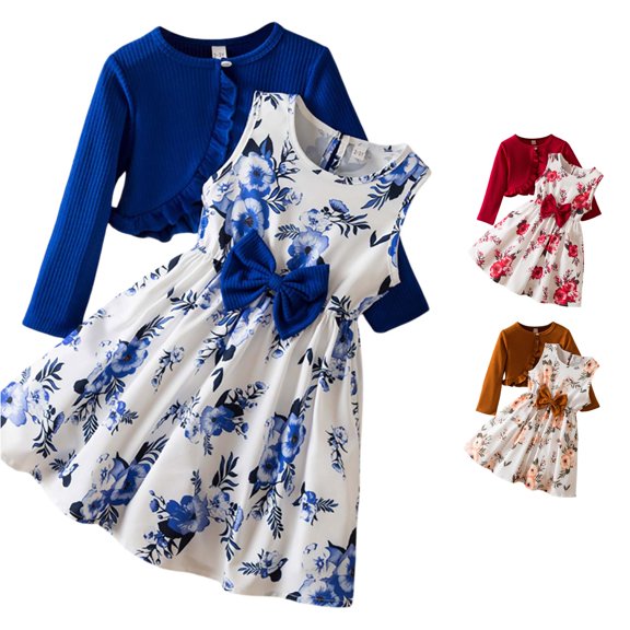 WERYOUNG Girls Outfits Floral Print Sleeveless Bow A Line Dress Lightweight Long Sleeve Ribble Knit Ruffle Cardigan 2 Piece Sets Stylish Clothes Sets 2-3 Years