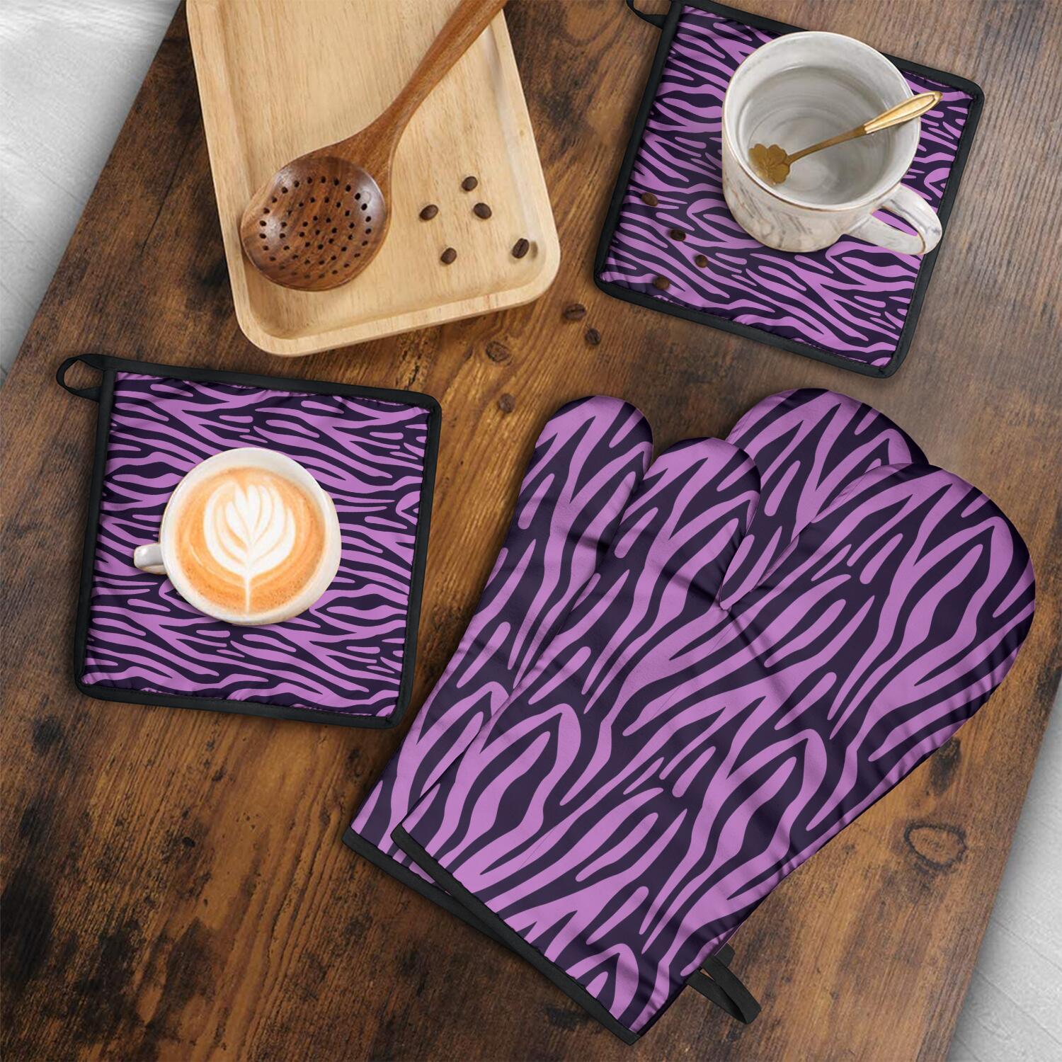 Leopard Print Oven Mitts and Pot Holders Set Of 4, Heat Resistant Kitchen Gloves with Non-Slip Grip, Hanging Loop, Soft Cotton Lining for Baking, Cooking, Grilling, Barbecue