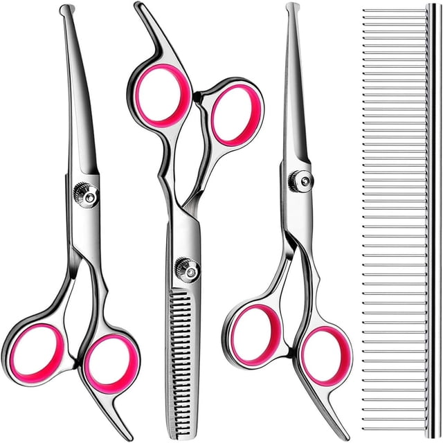 LOVEVER Dog Grooming Scissors with Safety Round Tips Stainless Steel Professional Dog Grooming Kit - Thinning Curved Scissors and Comb for Dog Cat Pet