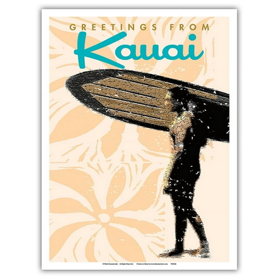 Greetings from Kauai Hawaii - Hawaiian Surfer - Vintage Travel Poster by Wade Koniakowsky - Master Art Print (Unframed) 9in x 12in