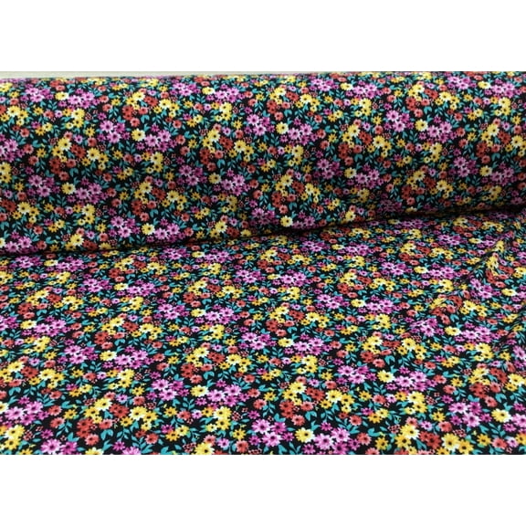 Printed DTY Spandex Stretch Apparel Fabric Black Orange Red Fuchsia Floral I313