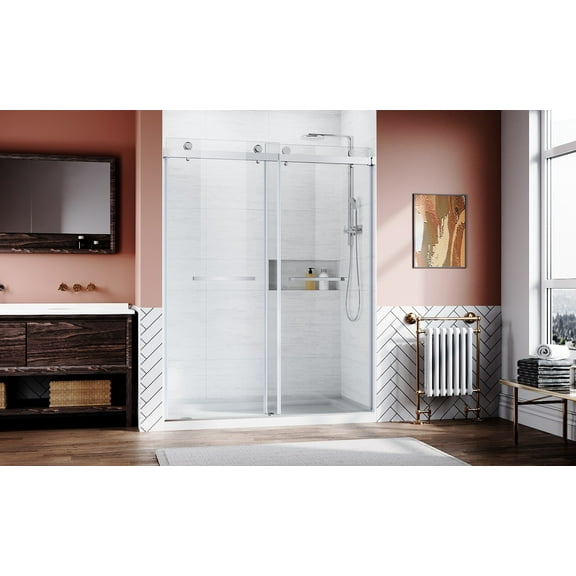 Frameless Sliding Shower Door 56-60"W x 76"H, 10mm Tempered Glass, Brushed Nickel Stainless Steel, Adjustable for Uneven Walls & Leak-Proof Design