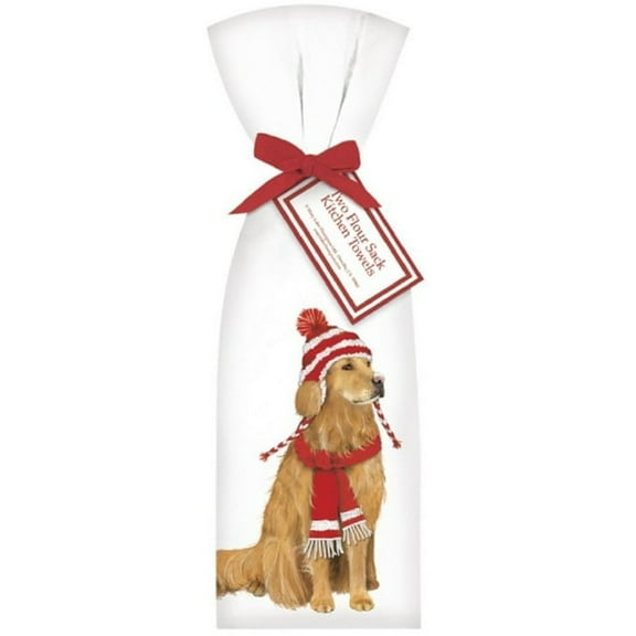 Mary Lake-Thompson T1457 2 Holiday Golden Retriever Dog With Hat Towel Set Ribbon Tied Flour Sack Towels 30 Inches Square