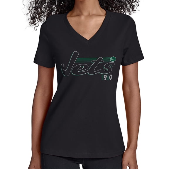 Women's Starter Black New York Jets Groovy Script V-Neck T-Shirt