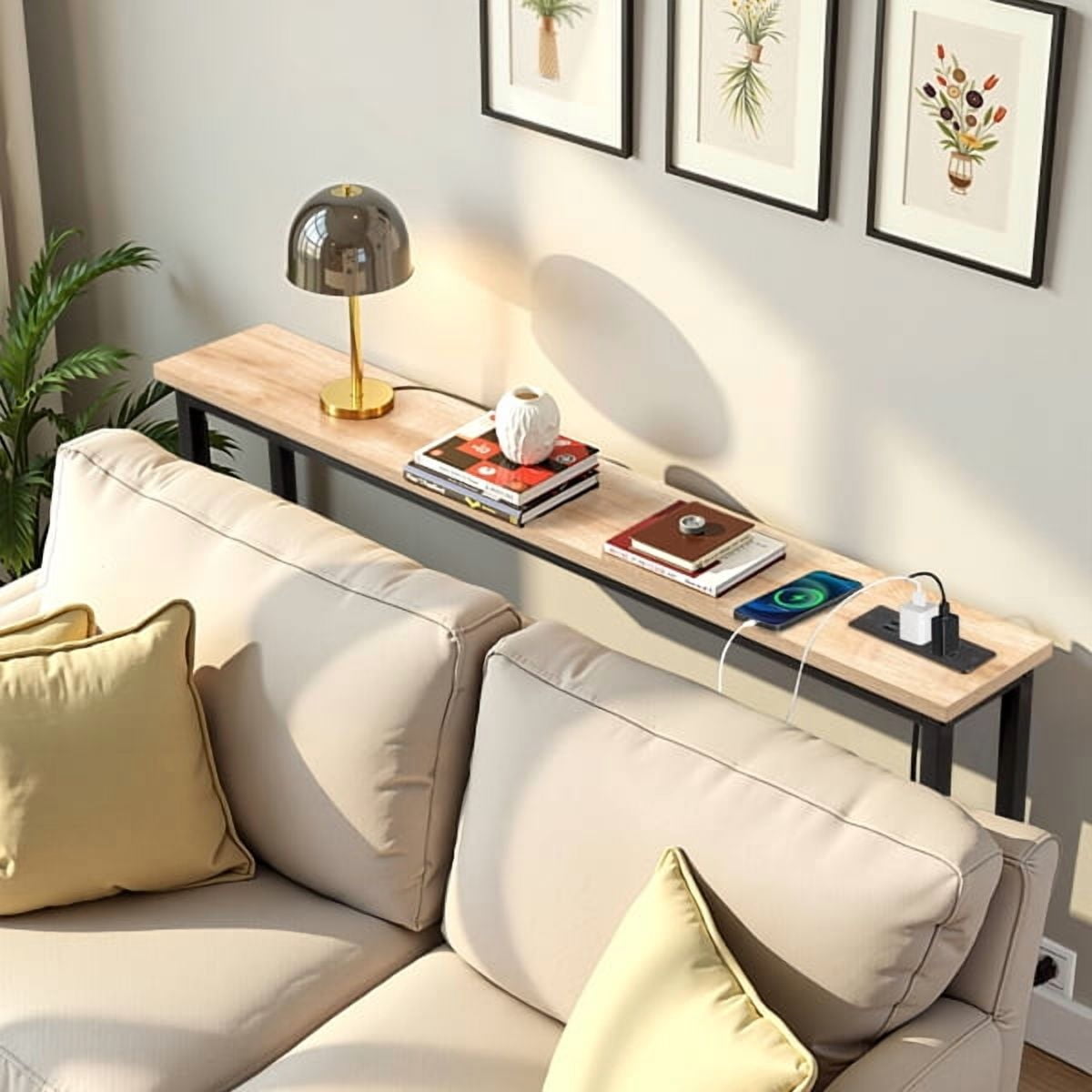 39.4" Narrow Console Sofa Table with Power Outlets and USB Ports, Skinny Couch Table with Metal Frame and Charge Station with 4.9ft Extension Cord, Oak