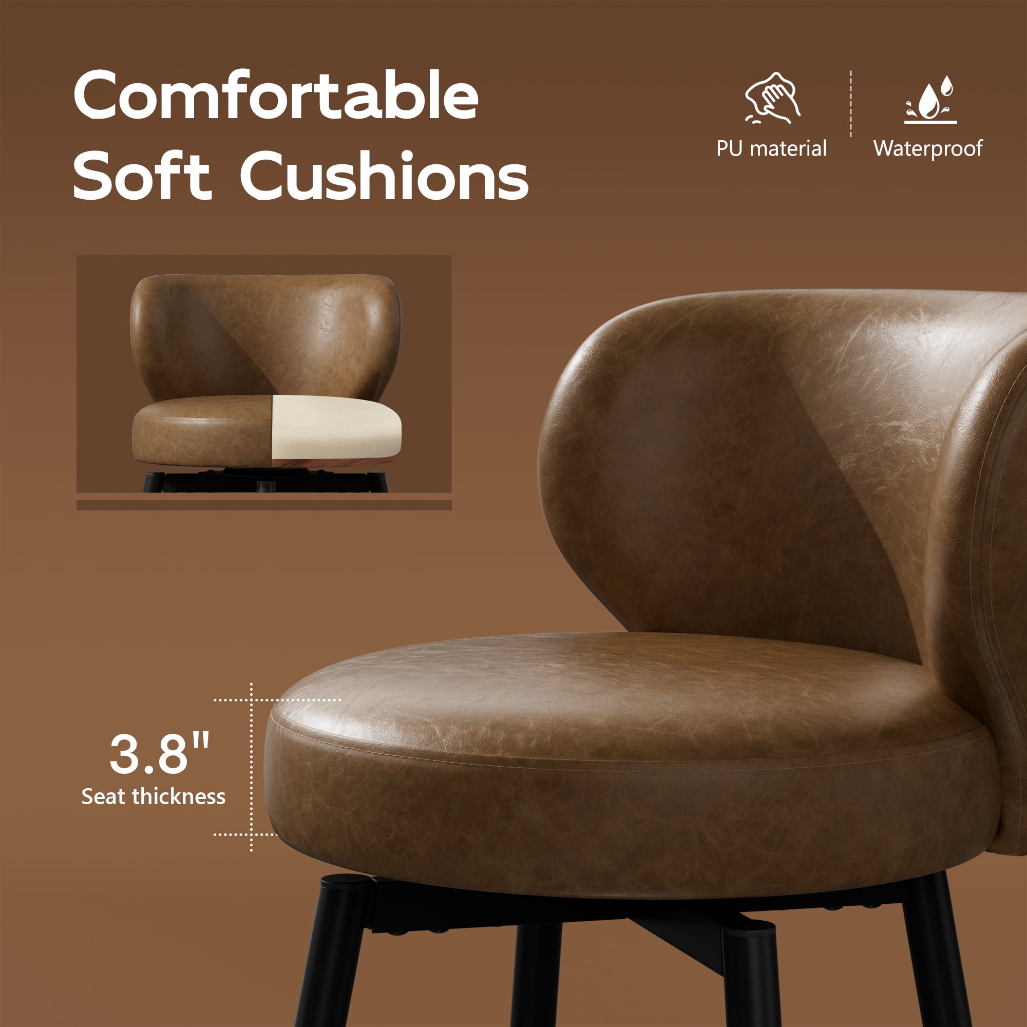 Ninecer 26" Counter Height Bar Stools Set of 2, 360° Swivel PU Leather Bar Chairs with Low Back, Upholstered Round Seat & Metal Legs, Modern Kitchen Island Counter Chairs 300LBS, Brown