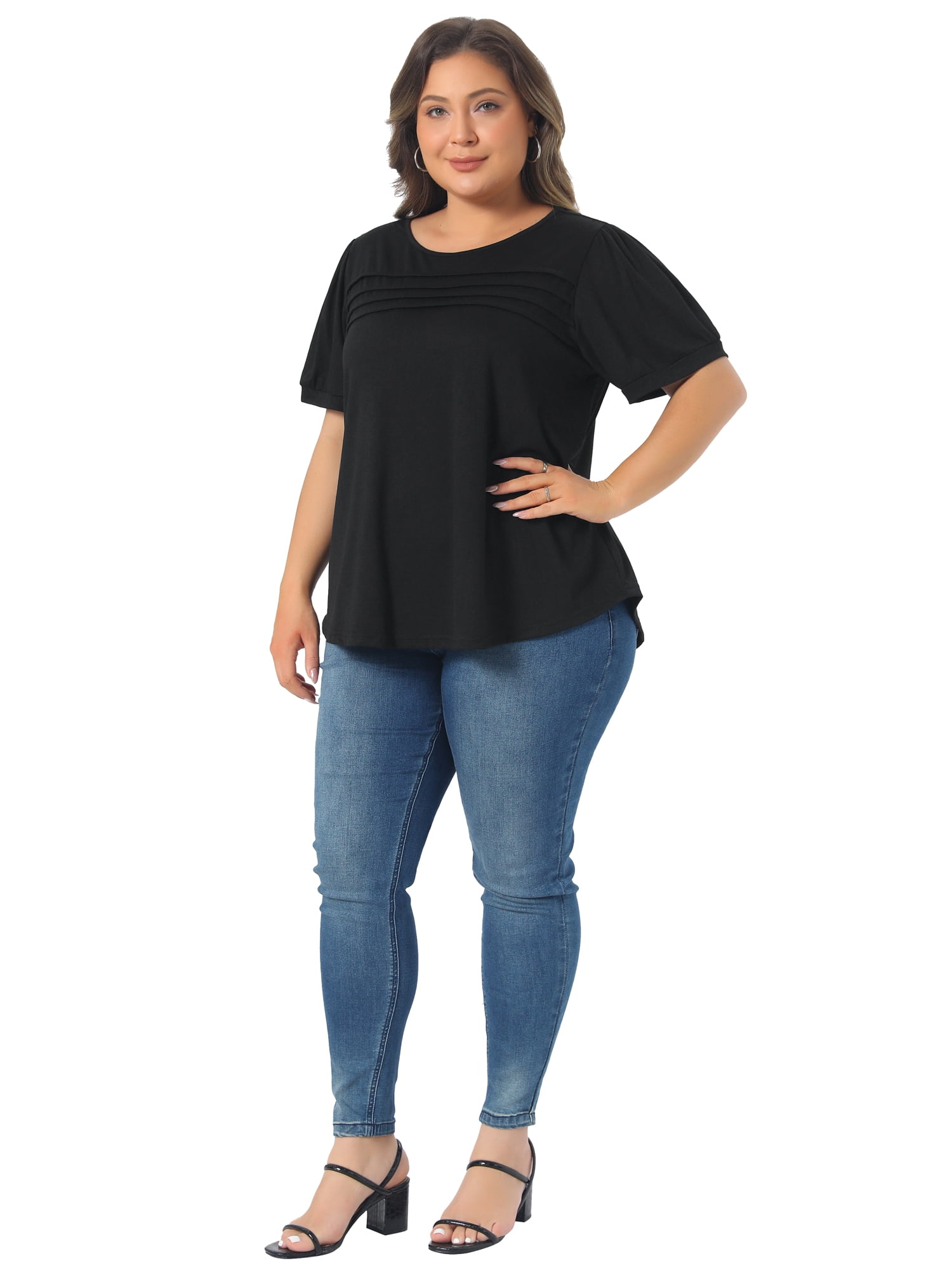 Women's Plus Short Sleeve Crew Neck Pleated Casual Tunic Blouse 2X Black