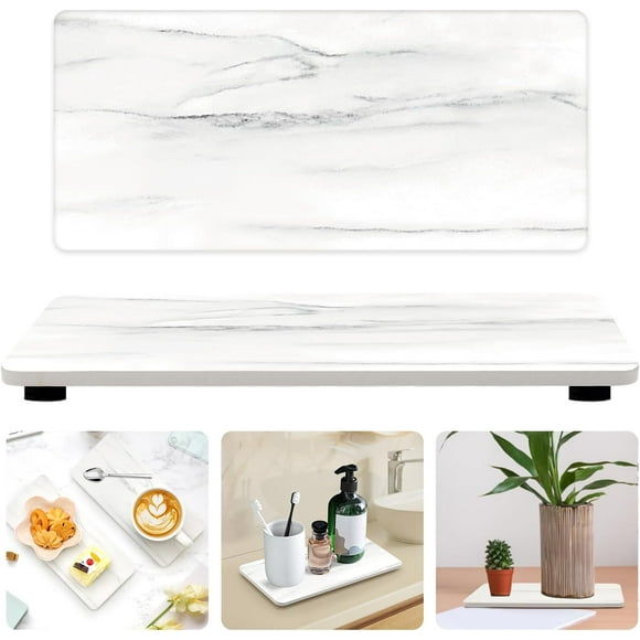 shiyou-Set of 2 Drying Stone Soap Tray for Bathroom Countertop Trays Ceramic Kitchen Sink Accessories Hand Soap Dish Holder Absorbent Kitchen Counter Bathroom Sink Trays (White Marble)