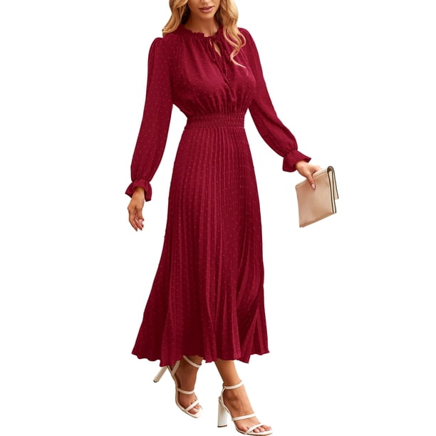 Vestido PRETTYGARDEN Rojo Vino Midi Plisado con Lunares Suizos Pequeños