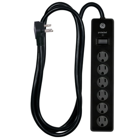 GE 6-Outlet Power Strip Surge Protector, 6ft. Cord, Safety Locks, Black,