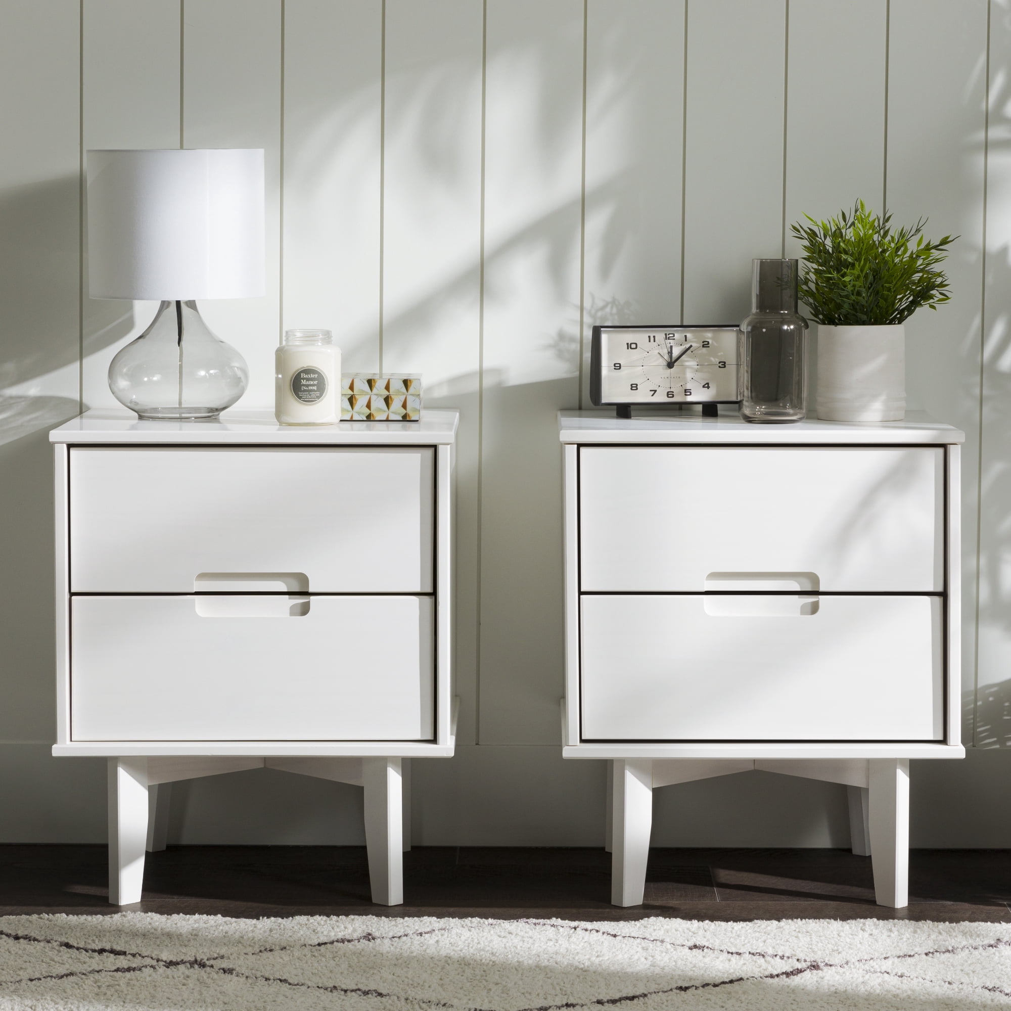 Walker Edison Mid-Century Modern 2-Drawer Solid Wood Nightstands, White, Set of 2
