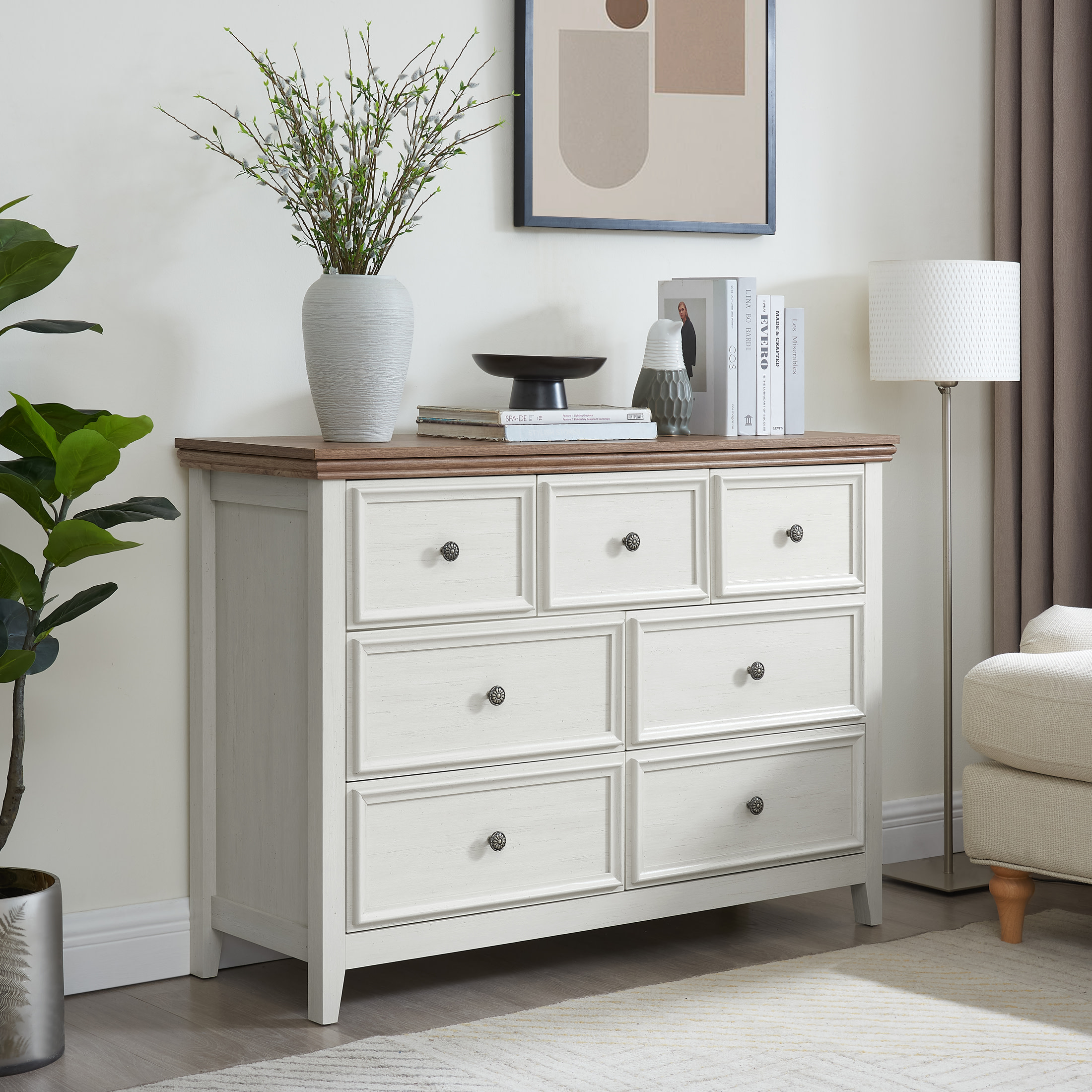 Noble House Arley 7-Drawer Dresser, Modern Farmhouse Wide Chest Organizer for Clothes Storage, for Living Room, Beige