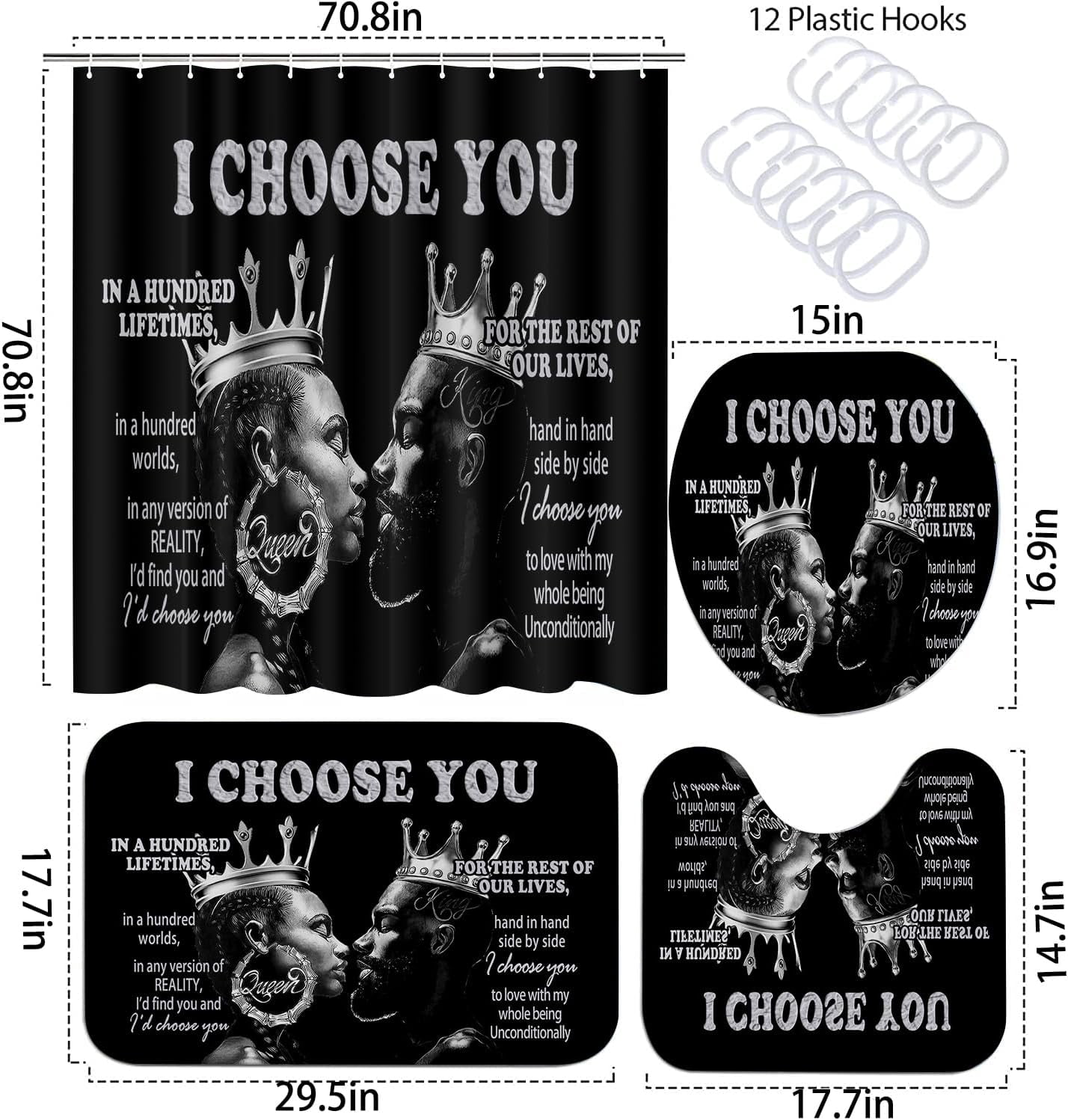 Black Woman Shower Curtain Sets with Rugs, Boho Inspirational Quote African American Girl Bathroom Sets with Shower Curtains, Toilet Lid Cover, Bath Mat, Colorful Fabric Bathroom Curtain Shower Set