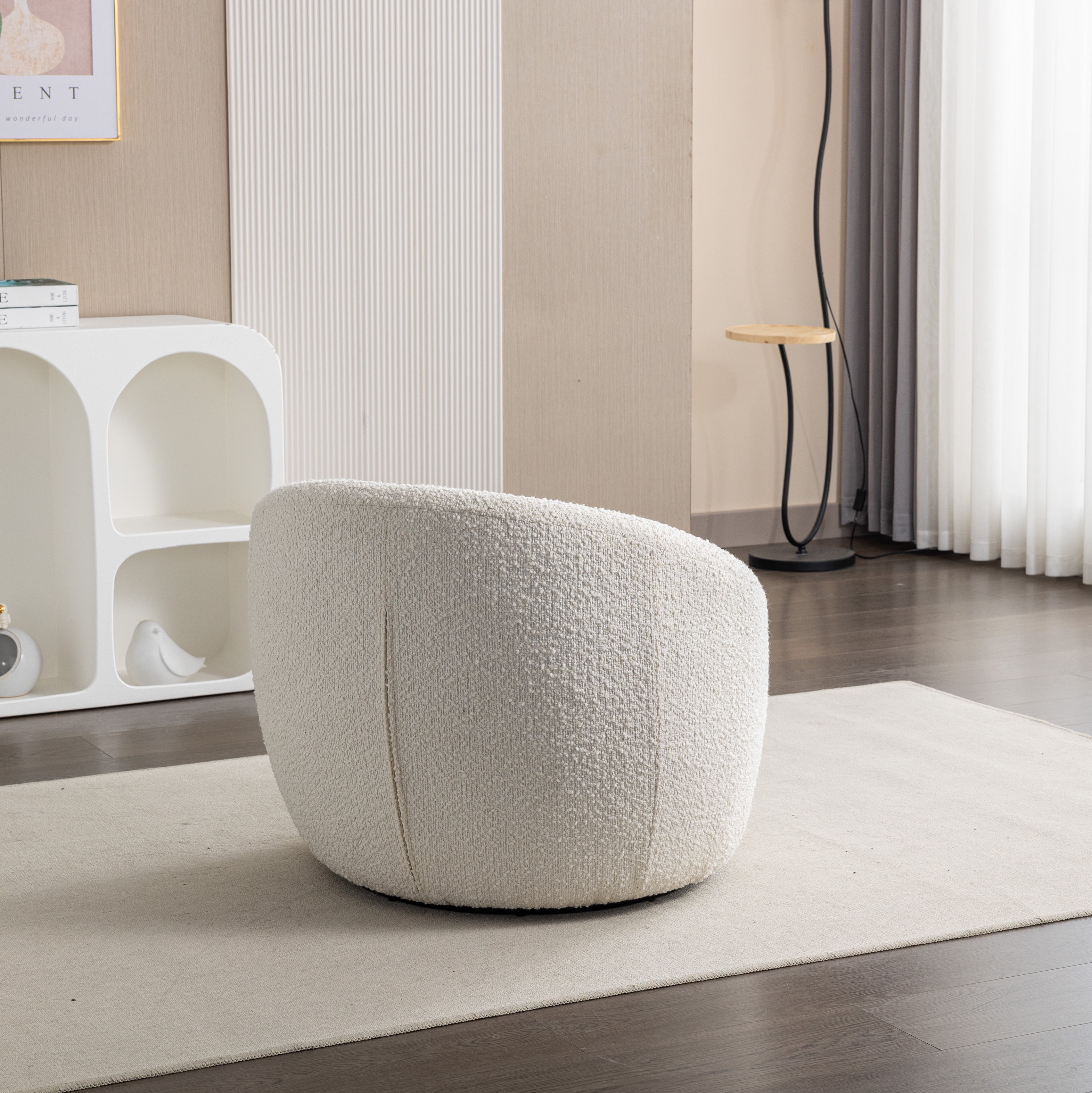 Roundhill Furniture Winnie Modern Teddy Boucle Fabric Barrel Chair, 360 Degree Swivel, White