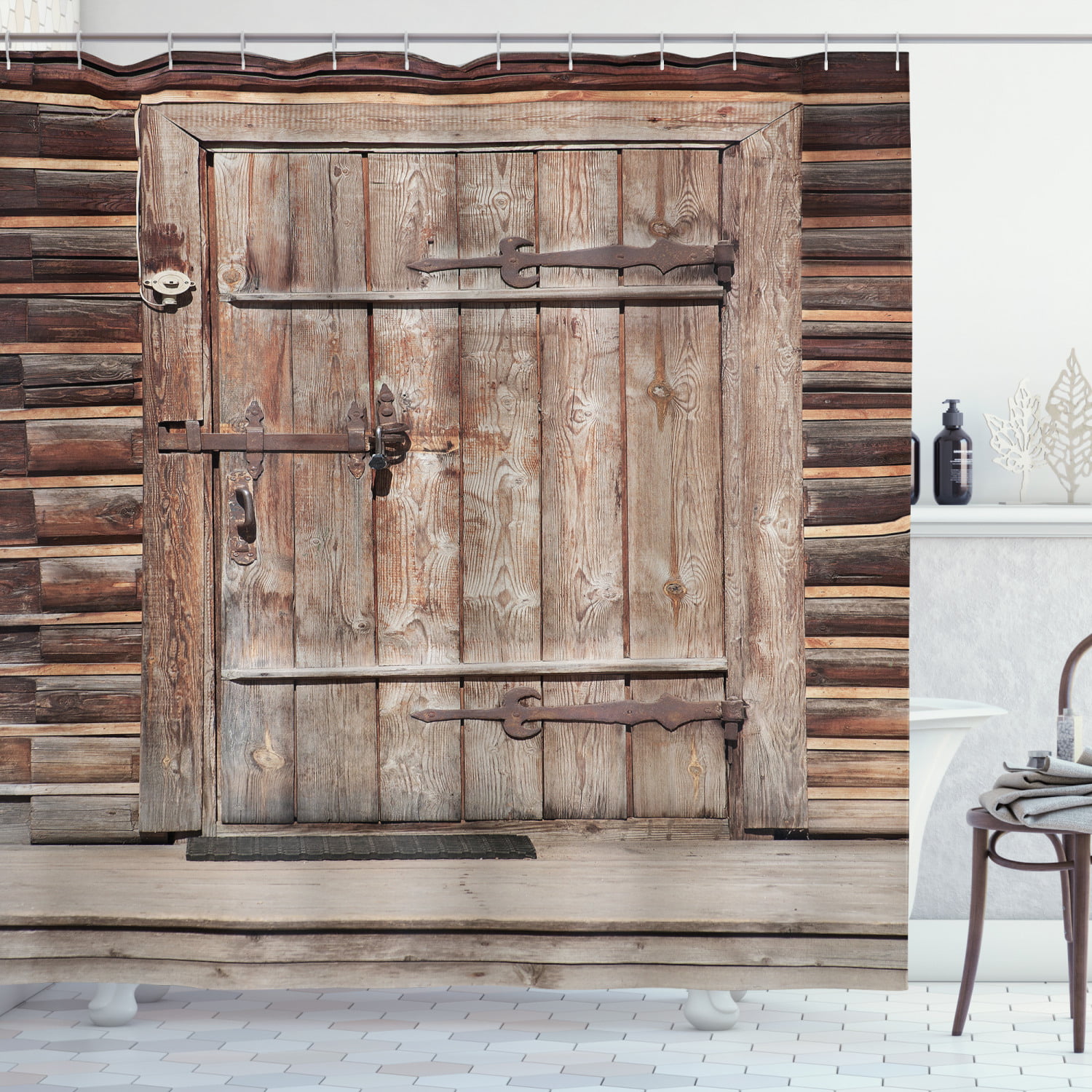 180CM Rustic Wooden Board Barn Door Waterproof Shower Curtain Bath Accessories 