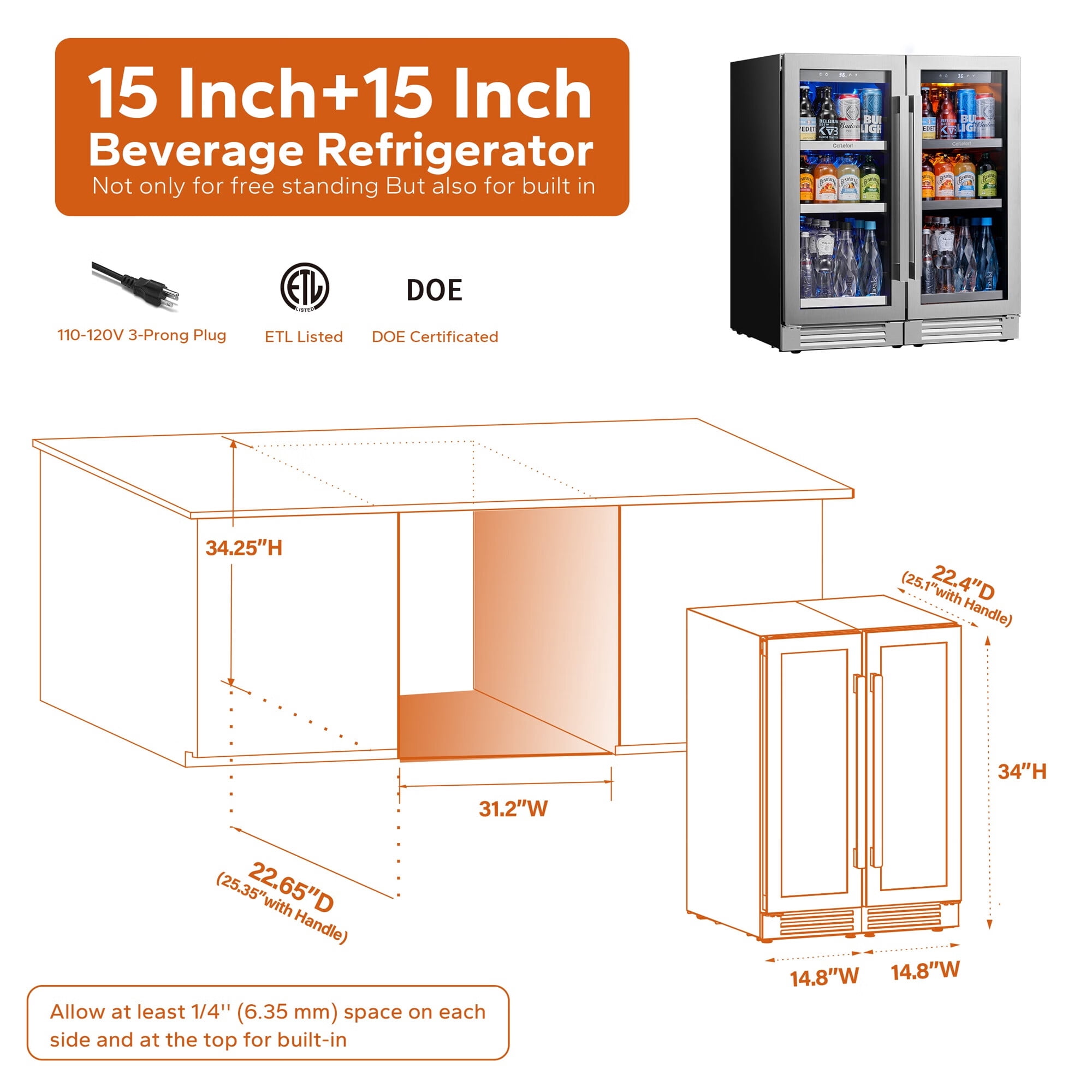Ca'Lefort 30 Inch Beverage Refrigerator,200 Cans Dual Zone 15'' Beverage Cooler and 15'' Digital Touch Control Beverage Fridge,Built-In or Freestanding