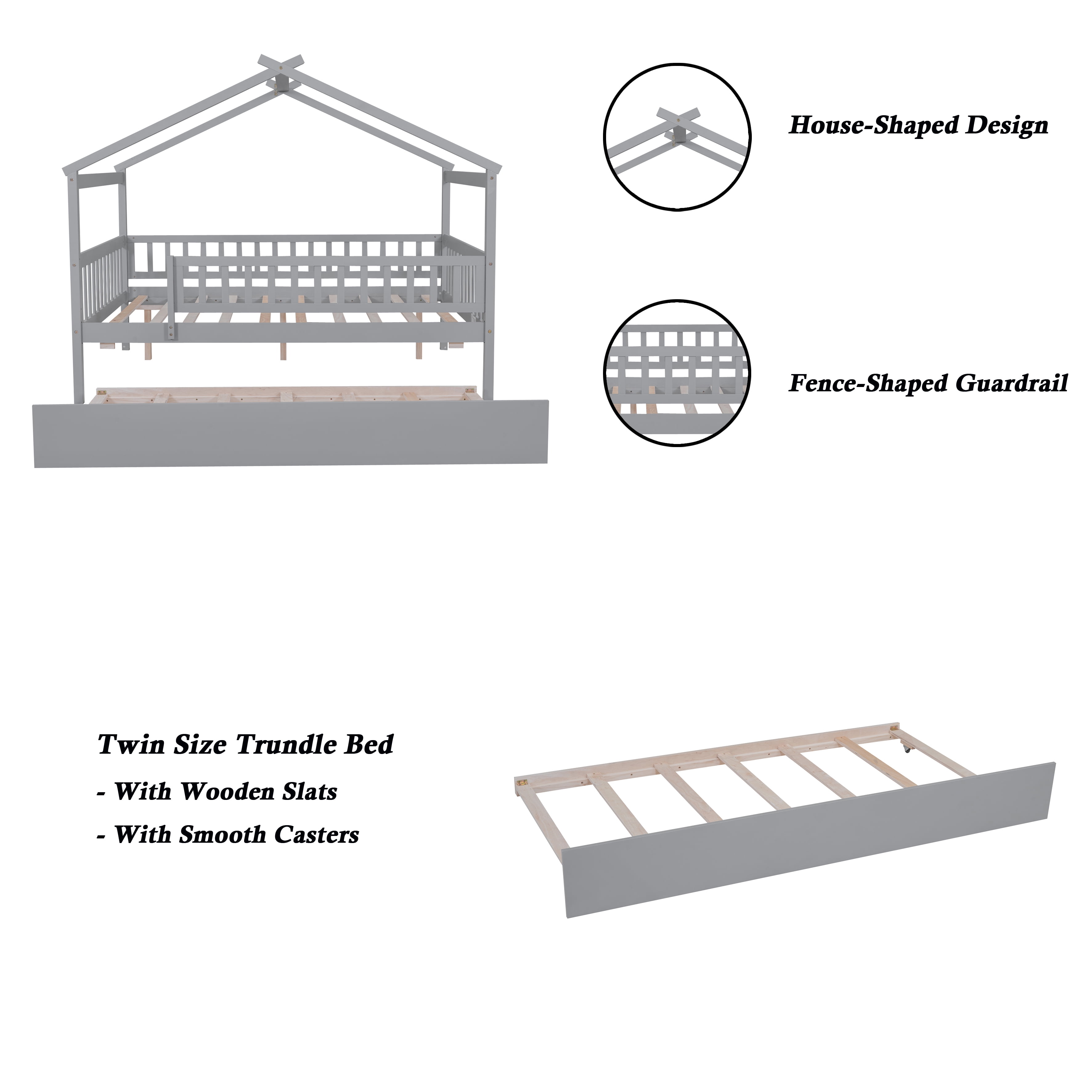 Bellemave Twin Size House Bed with Trundle Playhouse Platform Bed Wooden House-shaped Bed Frame with Fence Guardrail and Roof Tent Beds for Teens (Gray, Twin Size)