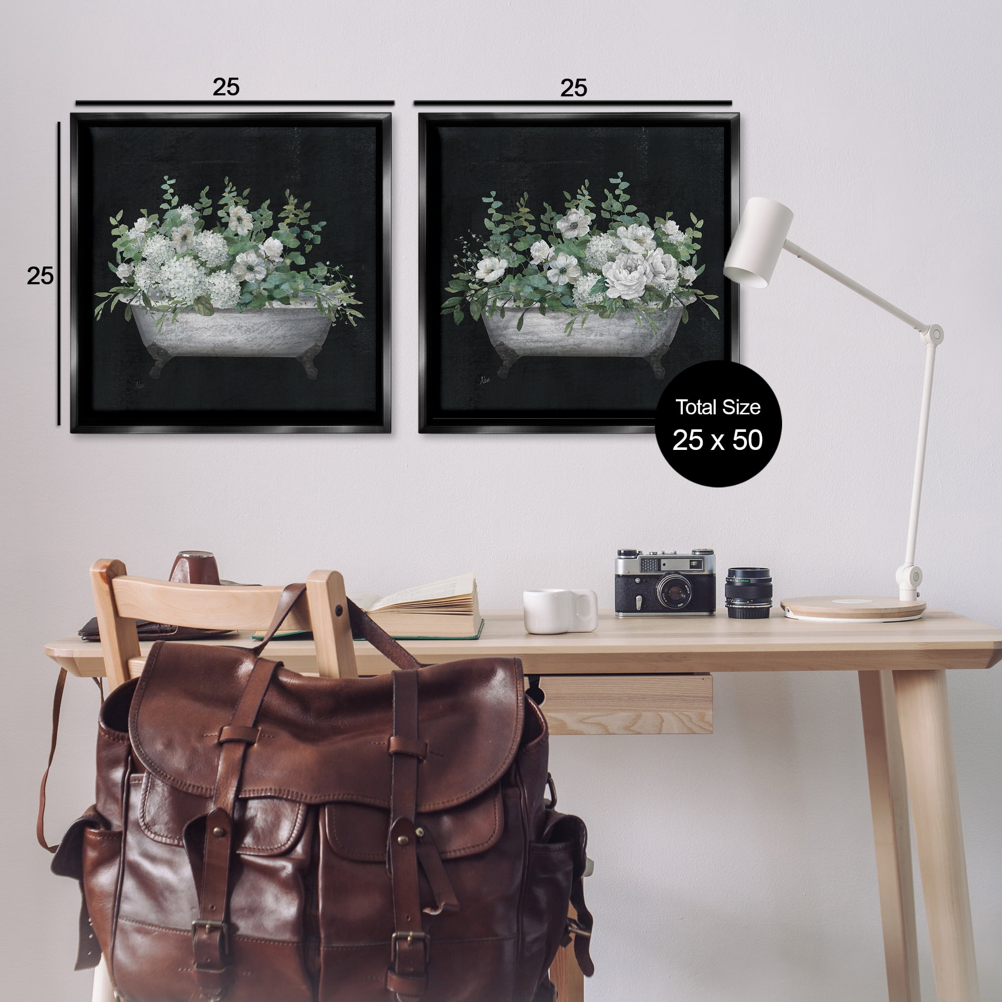 Stupell Industries Filled White Floral Soaking Tub Bath & Laundry Painting Black Floater Framed Canvas Art Print Wall Art, 25 x 25, Set of 2