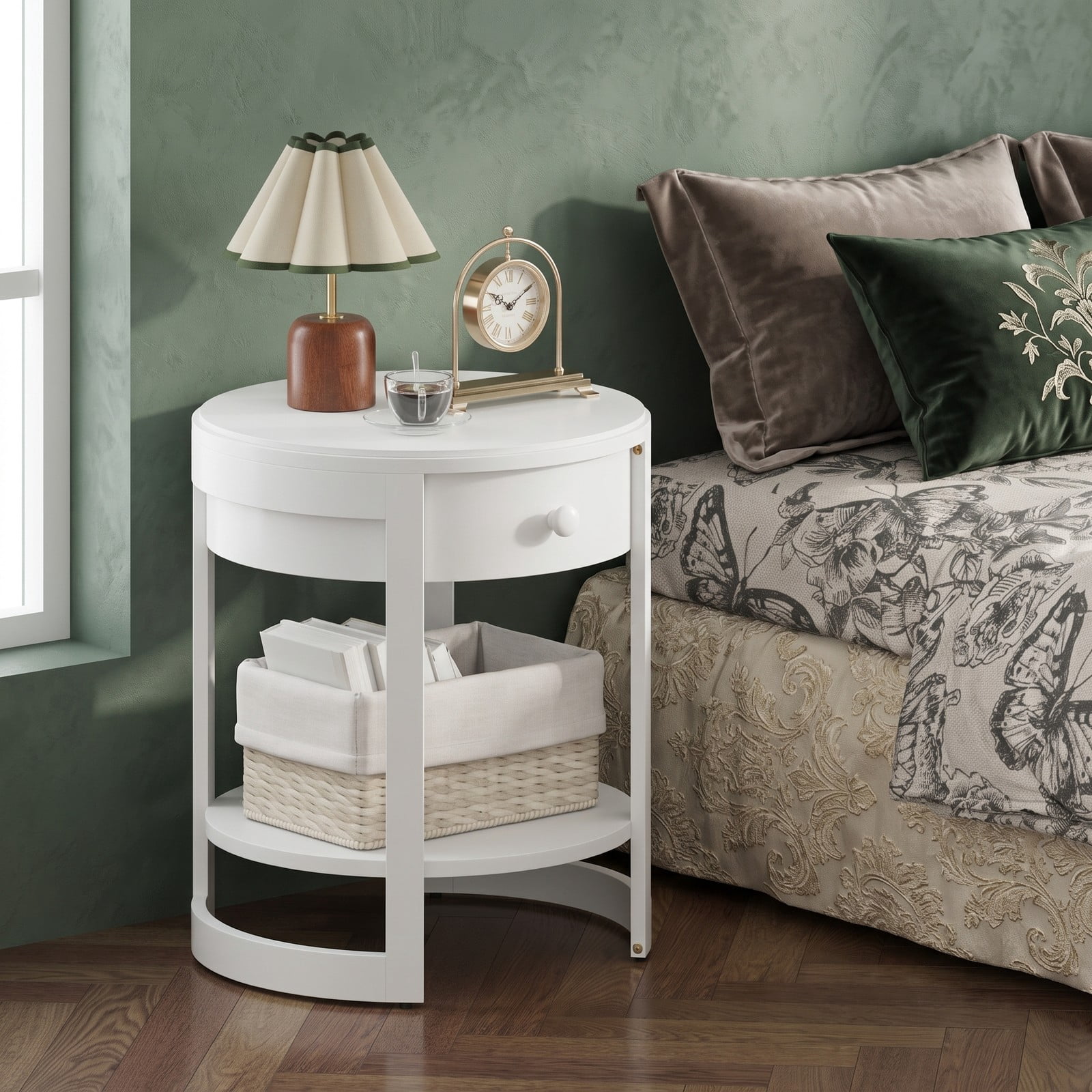 Furnibear 2-Tier Round End Table, Mid Century Modern Nightstand with Drawer and Storage Shelf, Wood Grain Side Table for Living Room Bedroom Sofa Couch, White