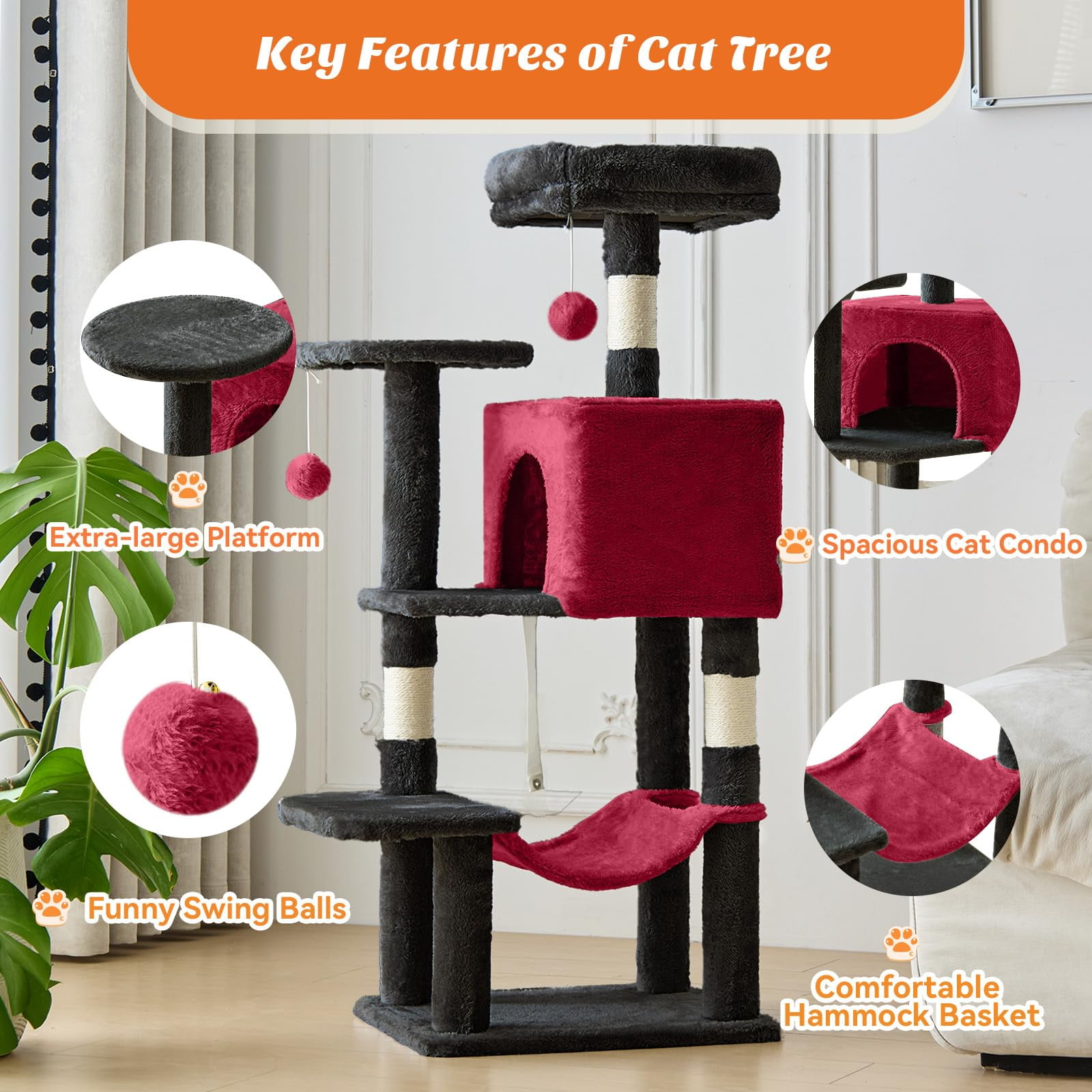 Atilioo 44 inch Cat Tree, Multi-Level Indoor Cat Tower with Condo, Hammock, Sisal Scratching Posts, Anti-Tip Bolts for Indoor Cats, Black Red