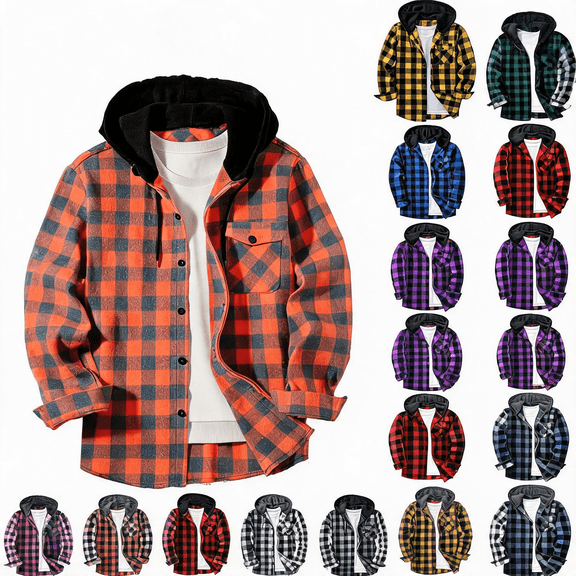 Akmaiox Men's Flannel Hoodies Classic Plaid Long Sleeve Shirts Casual Button Down Work Shirts with Pockets Daily Outdoor Hooded Jacket S-3XL