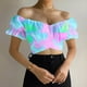 thumbnail image 2 of Blusa corta fruncida con hombros descubiertos y estampado de manga corta sin tirantes para mujer Pompotops hkajfhjk473561, 2 of 6