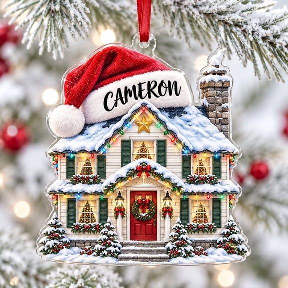 Personalized House Christmas Ornament Snowy Home Acrylic Decor Keepsake, Tree Hanging Decoration, Holiday Decor