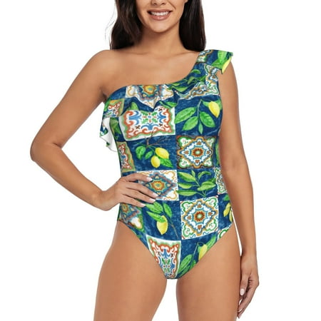 Gukieu Lemon and Leaves Print One-shoulder Ruffled One-piece Swimsuit with Removable Chest Pads and Tummy-control Swimsuit for Women-Medium