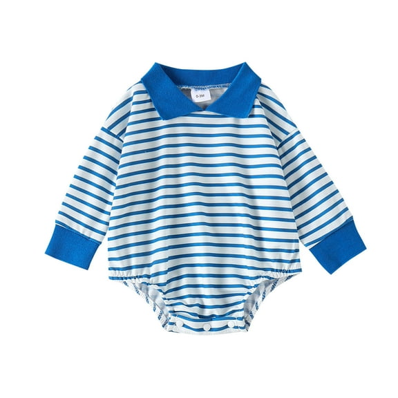 WERYOUNG Girls Boys Bodysuits Summer Unisex Comfort Striped Printed Turndown Collar Long Sleeve Bodysuits Toddler Lovely Daily Wear Onesie,Blue,6-12 Months