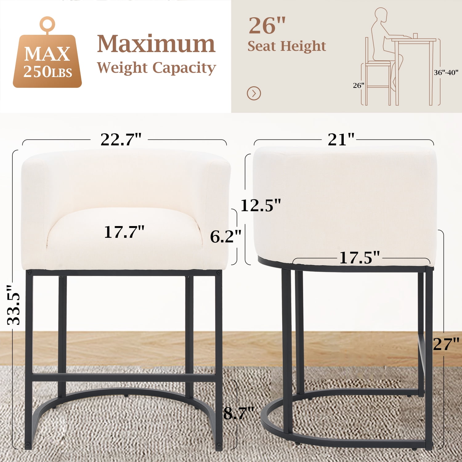 FANCROU 26" H Counter Height Bar Stools Set of 2, Fabric Barrel Stools with Back and Arms, Beige-Black Leg