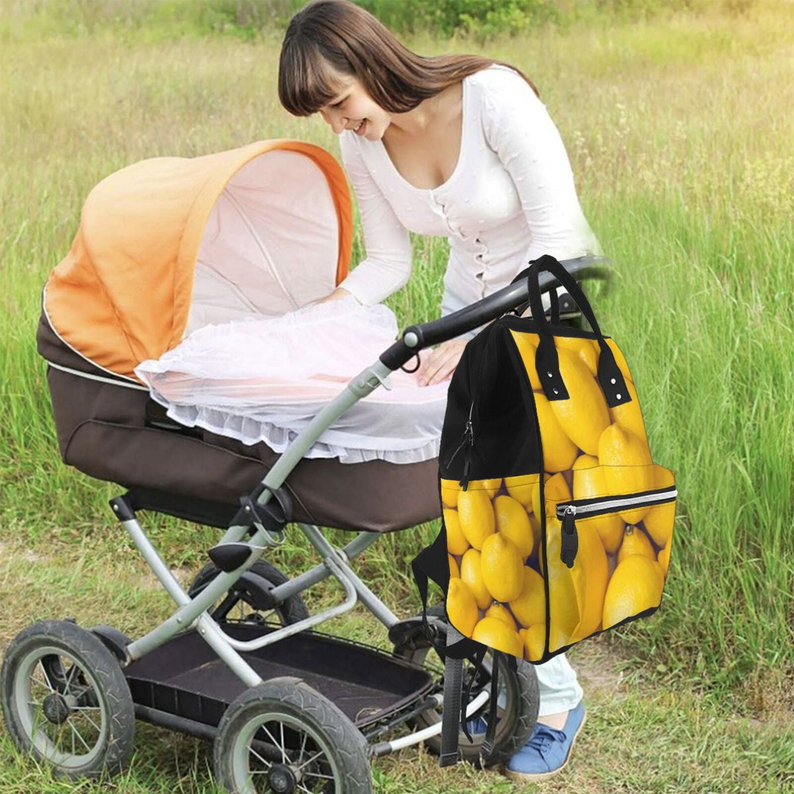 Ratiio Ripe Yellow Lemon Mummy Backpack - Waterproof Twill Canvas, Large Capacity Diaper Bag with Multiple Pockets and Adjustable Straps
