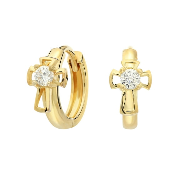 Tilo Jewelry 925 Sterling Silver Gold-Tone Cross Huggie Hoop Earrings with Solitaire Cubic Zirconia CZ | Women & Unisex