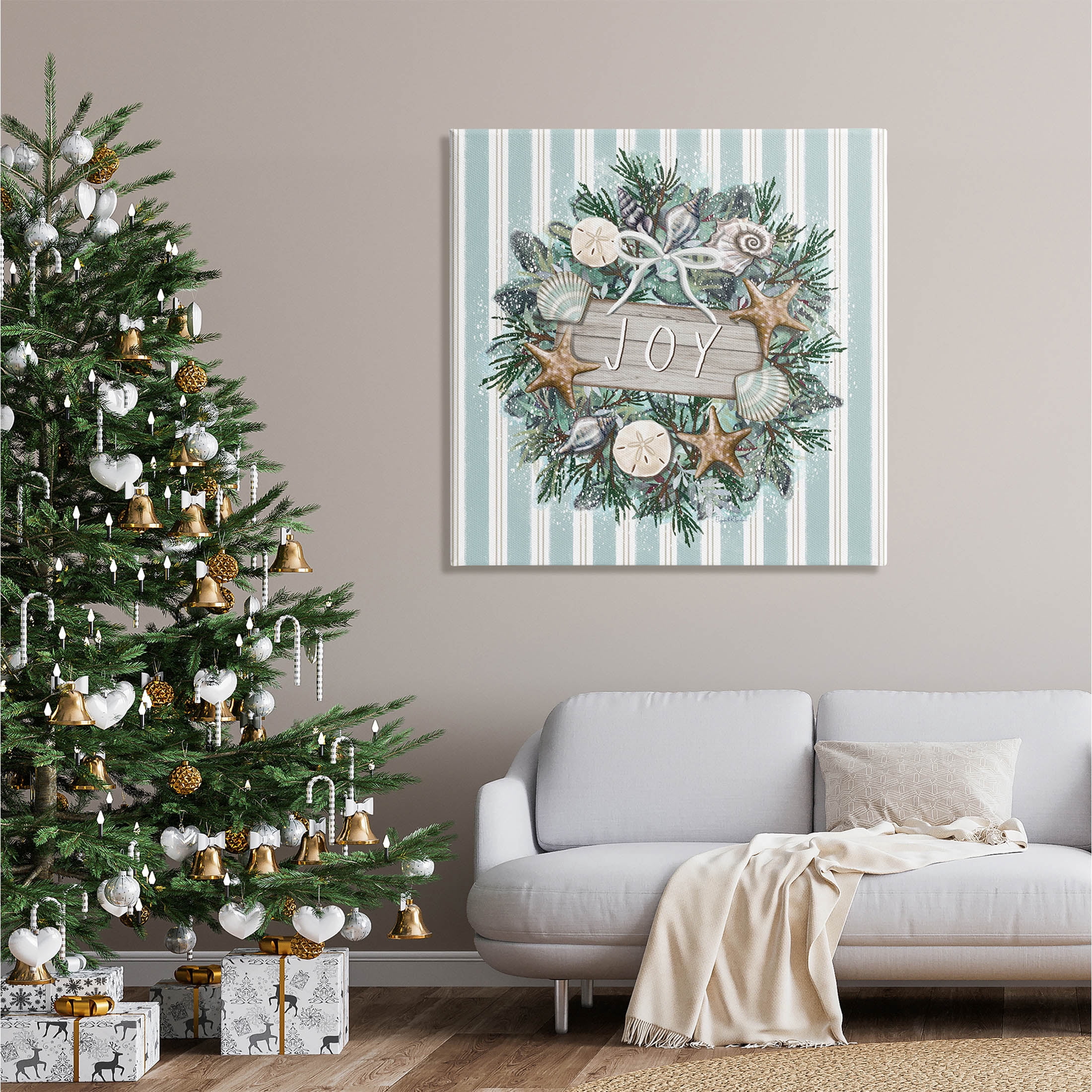 Stupell Industries Striped Joy Seashell Wreath Graphic Art Gallery Wrapped Canvas Print Wall Art, Design by Elizabeth Tyndall