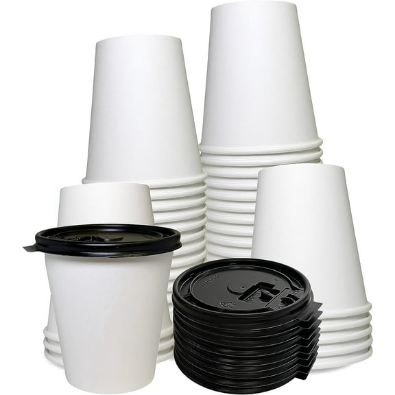 10 oz Disposable White Paper Coffee Cups with Black Flat Lids, Recyclable Hot/Cold Beverage Paper Drinking Cups with Lids for Tea, Water, Coffee, Travel, Picnic, Breakroom, Office (1000 Pack)