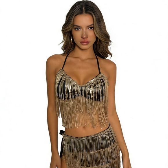 GFSDOI Women Belly Dance Dress Tassel Bra Top with Fringe Hip Scarf Set Carnival Clubwear Halloween Costumes, One Size