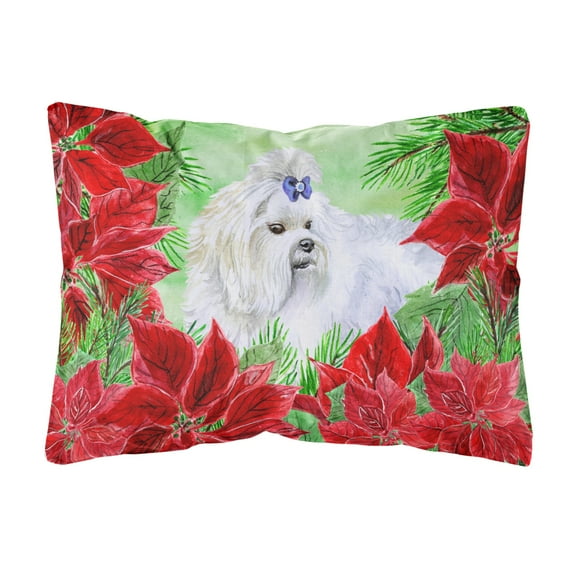 Carolines Treasures CK1299PW1216 Maltese Poinsettas Canvas Fabric Decorative Pillow  12H x16W multicolor