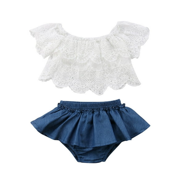 Toddler Newborn Baby Girl Denim Shorts Outfits Off Shoulder Lace Tops Jean Shorts Skirt Clothes Set for 0-3 Months Girl