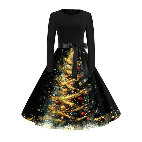 Women's Fashionable and Elegant Autumn and Winter Long-sleeved Christmas Tree Print Dress for Holiday Parties and Casual Wear, Stylish Women's Seasonal Dress,Gold,L