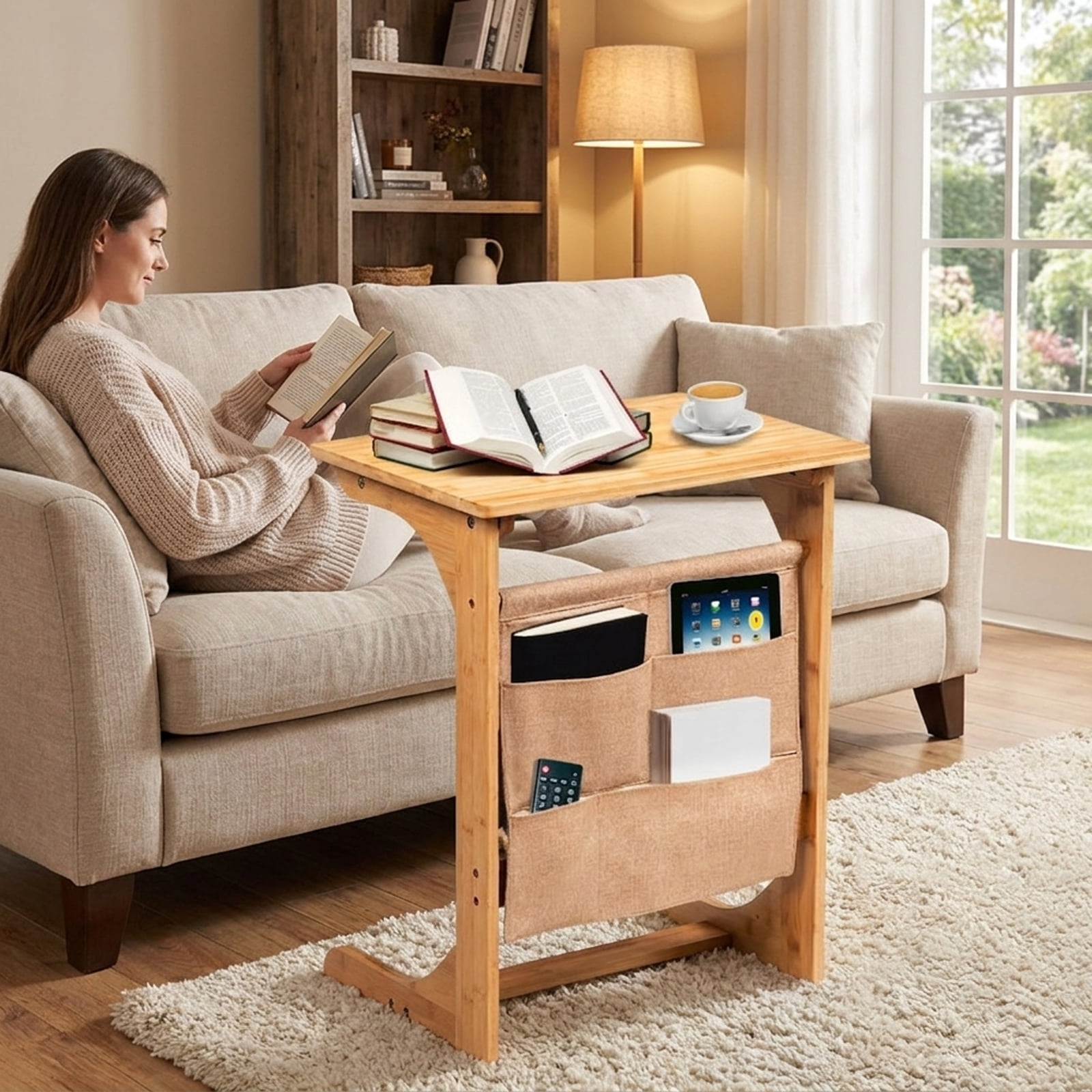 Furnibear Bamboo Sofa Table End Table Bedside Table with Storage Bag - Natural - Bedroom Accent Nightstand Furniture