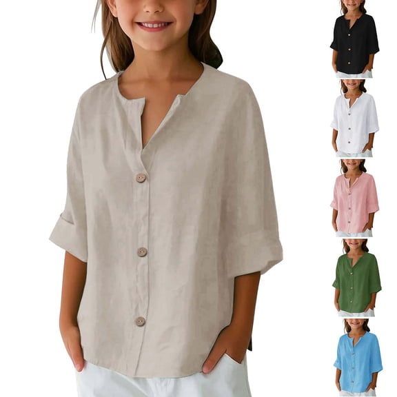 YHAJDS Girls Cotton Linen Top V Neck Solid Color 7 8 Sleeve Button Down Blouse Daily School Wear